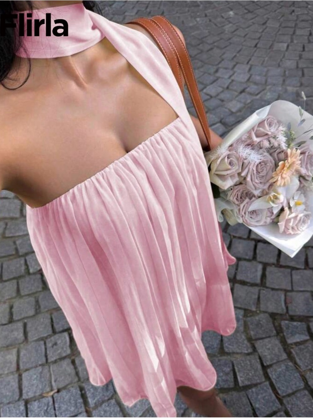 Pink Pleated Halter Mini Dress